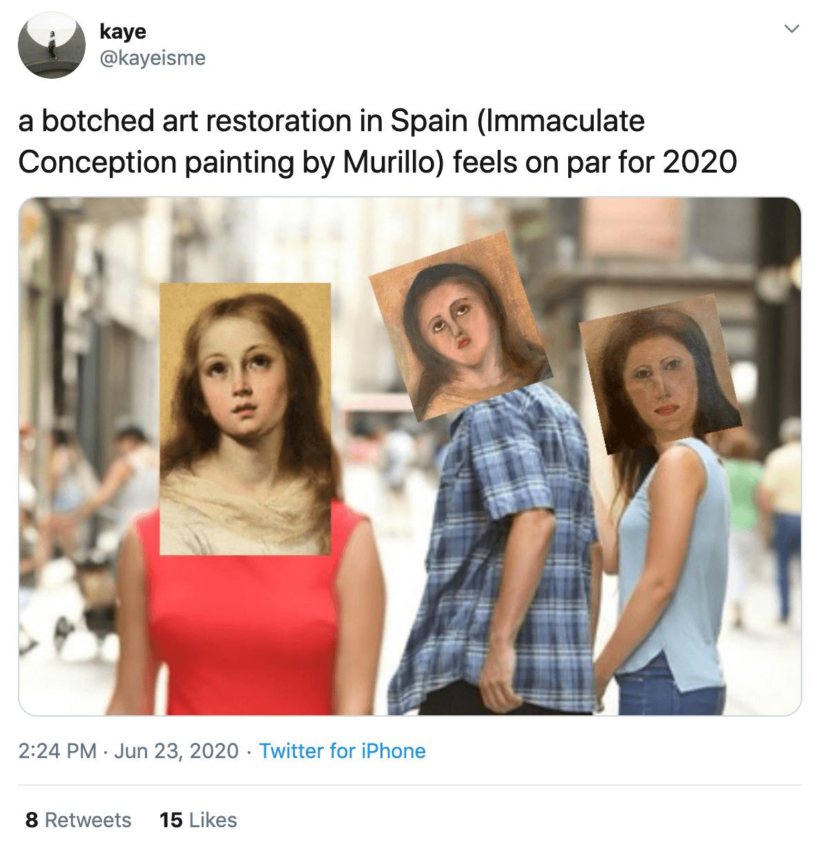 "a botched art restoration in Spain (Immaculate Conception painting by Murillo) feels on par for 2020" men of man hjolding girlfriend's hand while looking at another woman with the three versions of Mary's face on theirs