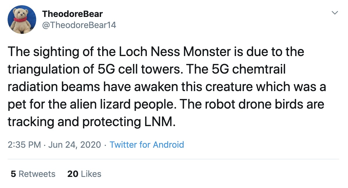 The sighting of the Loch Ness Monster is due to the triangulation of 5G cell towers. The 5G chemtrail radiation beams have awaken this creature which was a pet for the alien lizard people. The robot drone birds are tracking and protecting LNM.
