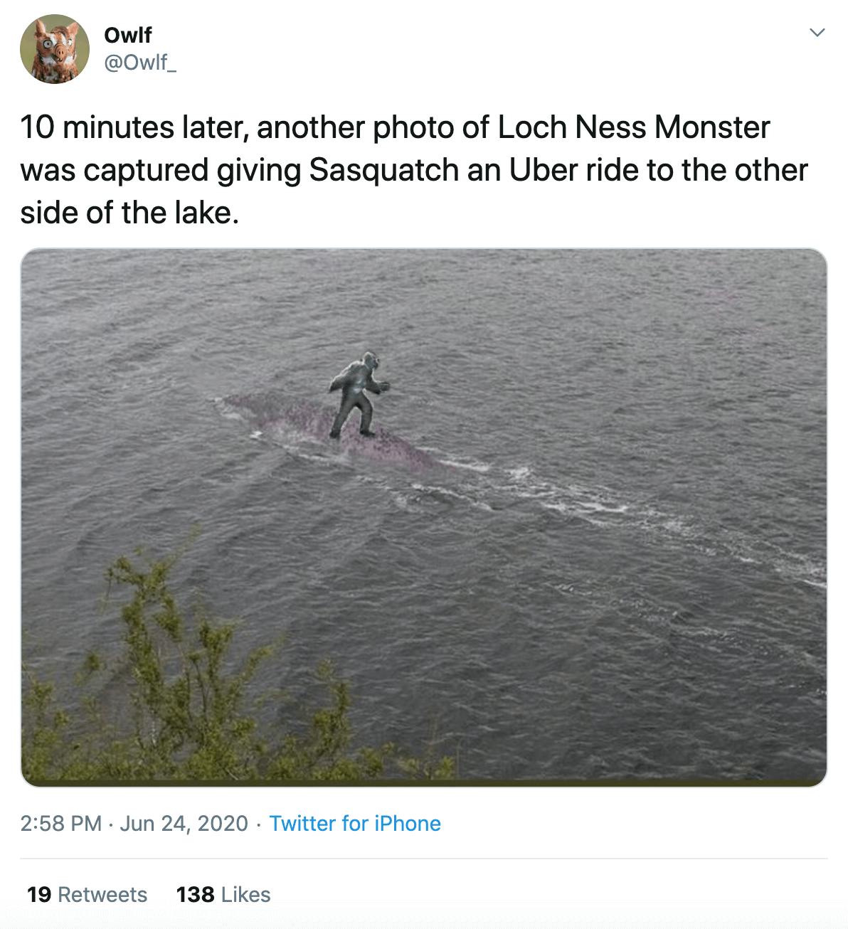 "10 minutes later, another photo of Loch Ness Monster was captured giving Sasquatch an Uber ride to the other side of the lake." picture of Sasquatch riding Nessie