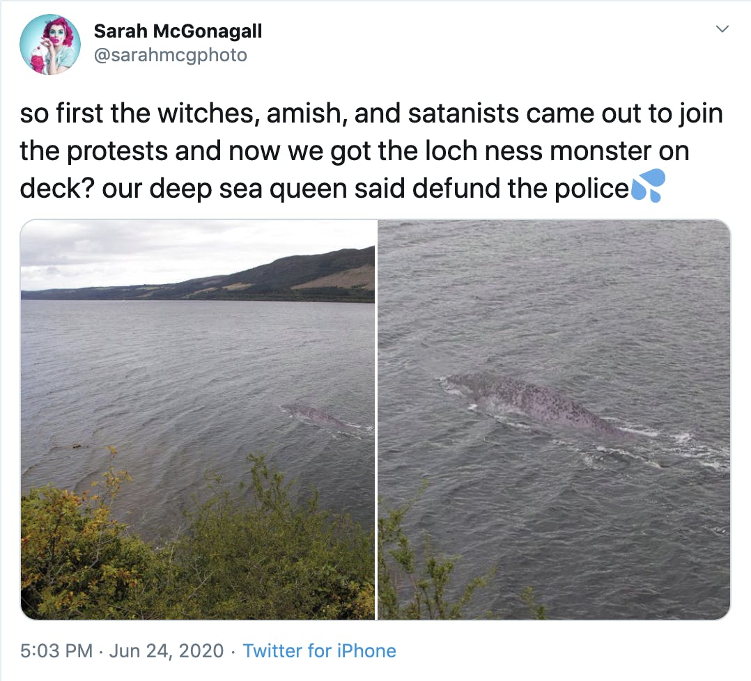so first the witches, amish, and satanists came out to join the protests and now we got the loch ness monster on deck? our deep sea queen said defund the policeSplashing sweat symbol