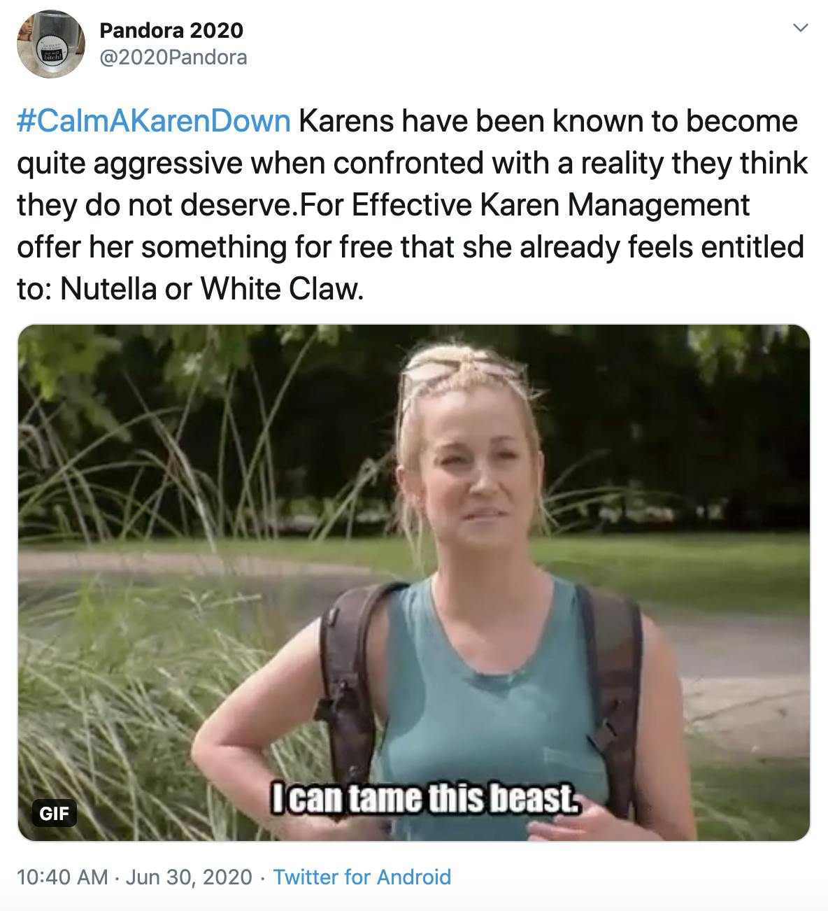 #CalmAKarenDown Karens have been known to become quite aggressive when confronted with a reality they think they do not deserve.For Effective Karen Management offer her something for free that she already feels entitled to: Nutella or White Claw.