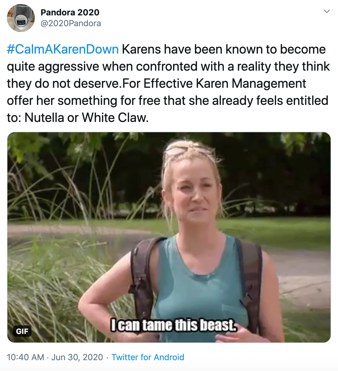 #CalmAKarenDown Karens have been known to become quite aggressive when confronted with a reality they think they do not deserve.For Effective Karen Management offer her something for free that she already feels entitled to: Nutella or White Claw.