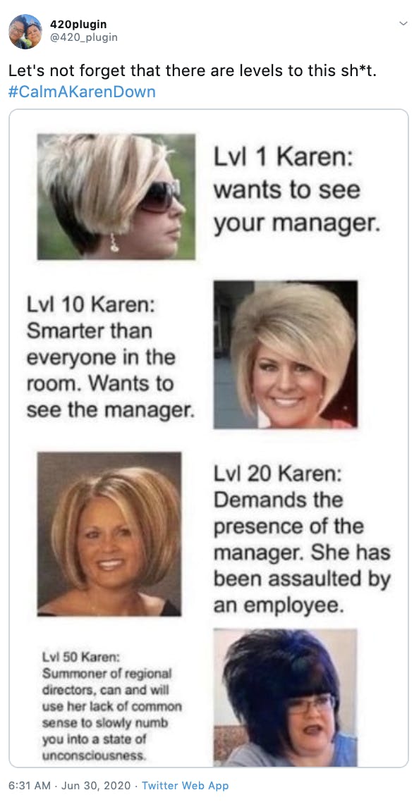 "Let's not forget that there are levels to this sh*t. #CalmAKarenDown" Gif of women with Karen hair cuts at different ages assigning them levels from 1 to 50