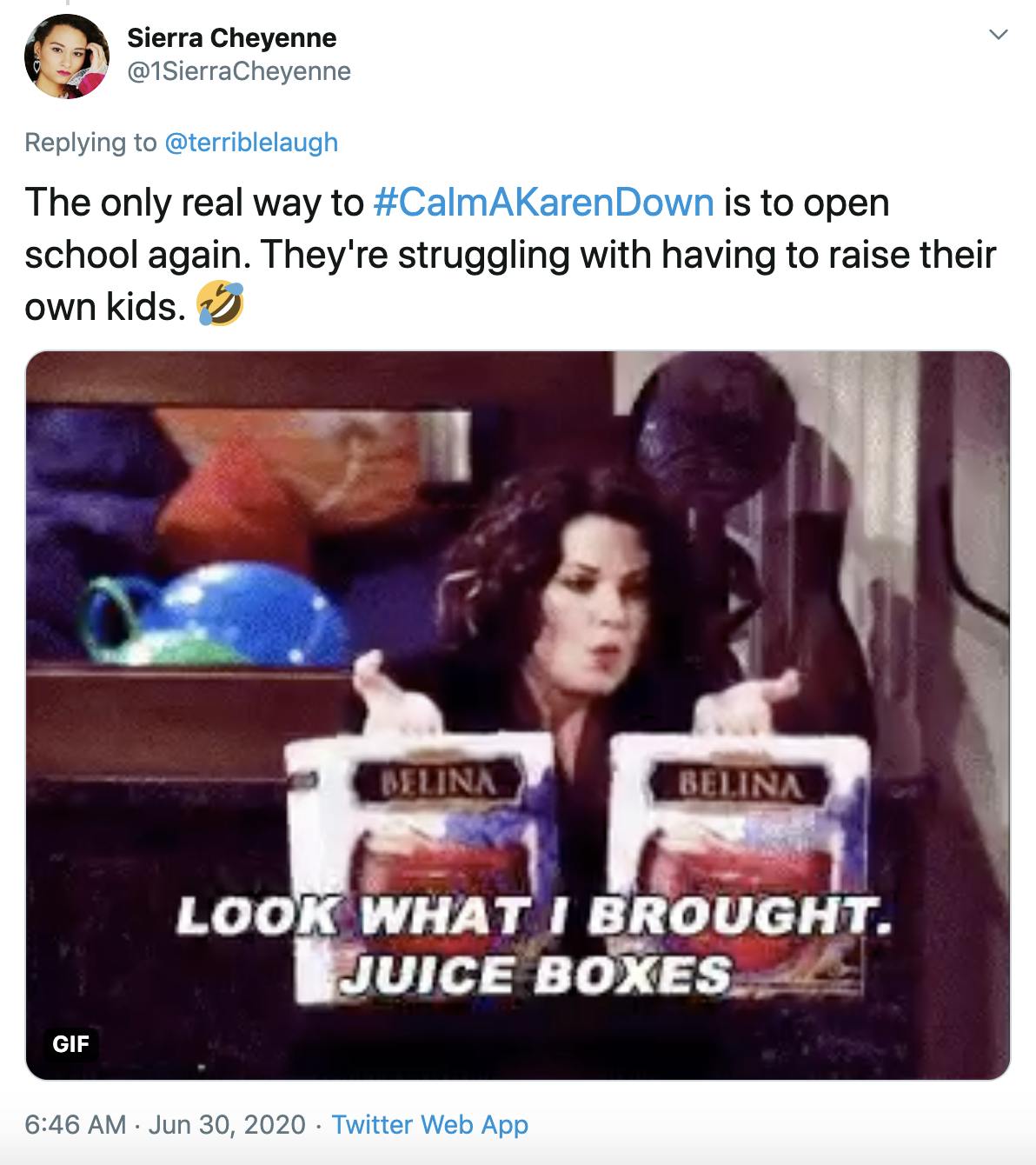 "The only real way to #CalmAKarenDown is to open school again. They're struggling with having to raise their own kids. 🤣" gif of Will and Grace's Karen holding boxed wine and saying "look I brought juice boxes"
