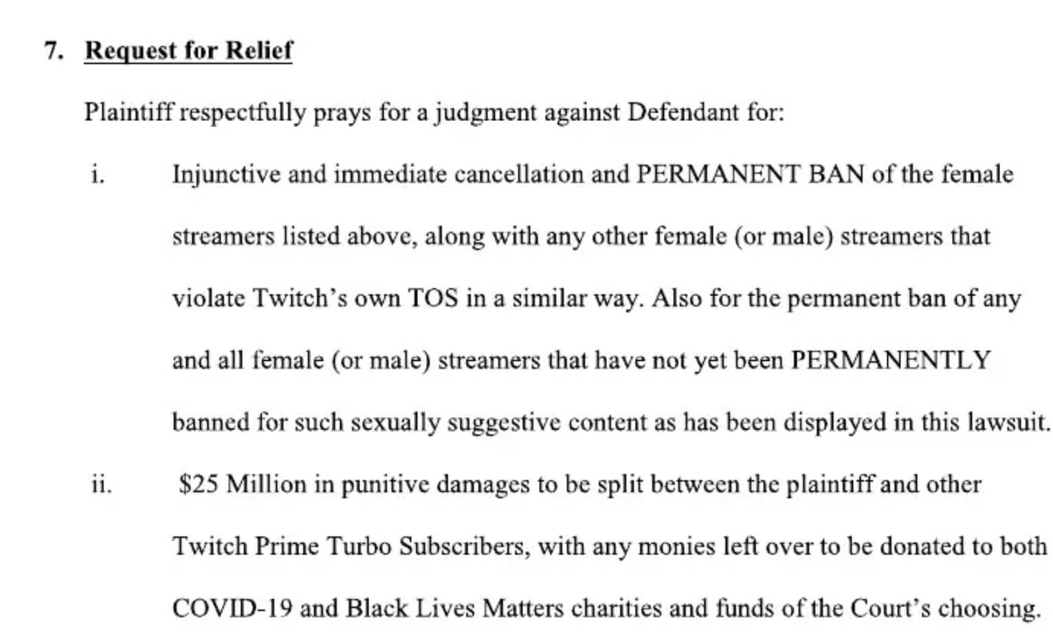 Twitch lawsuit - relief