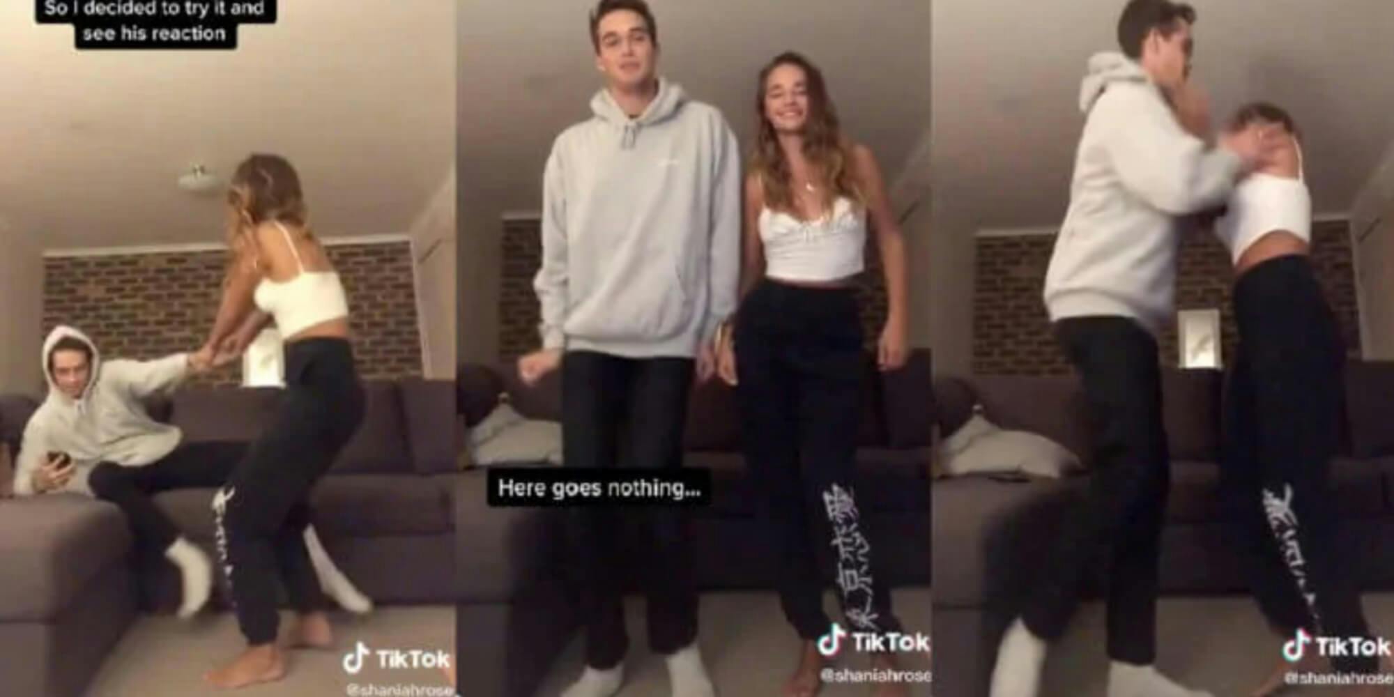 Three panels show a young white man and young white woman side by side. They show the progression of the woman asking him to film a TikTok with her, then subsequently trying to kiss him.