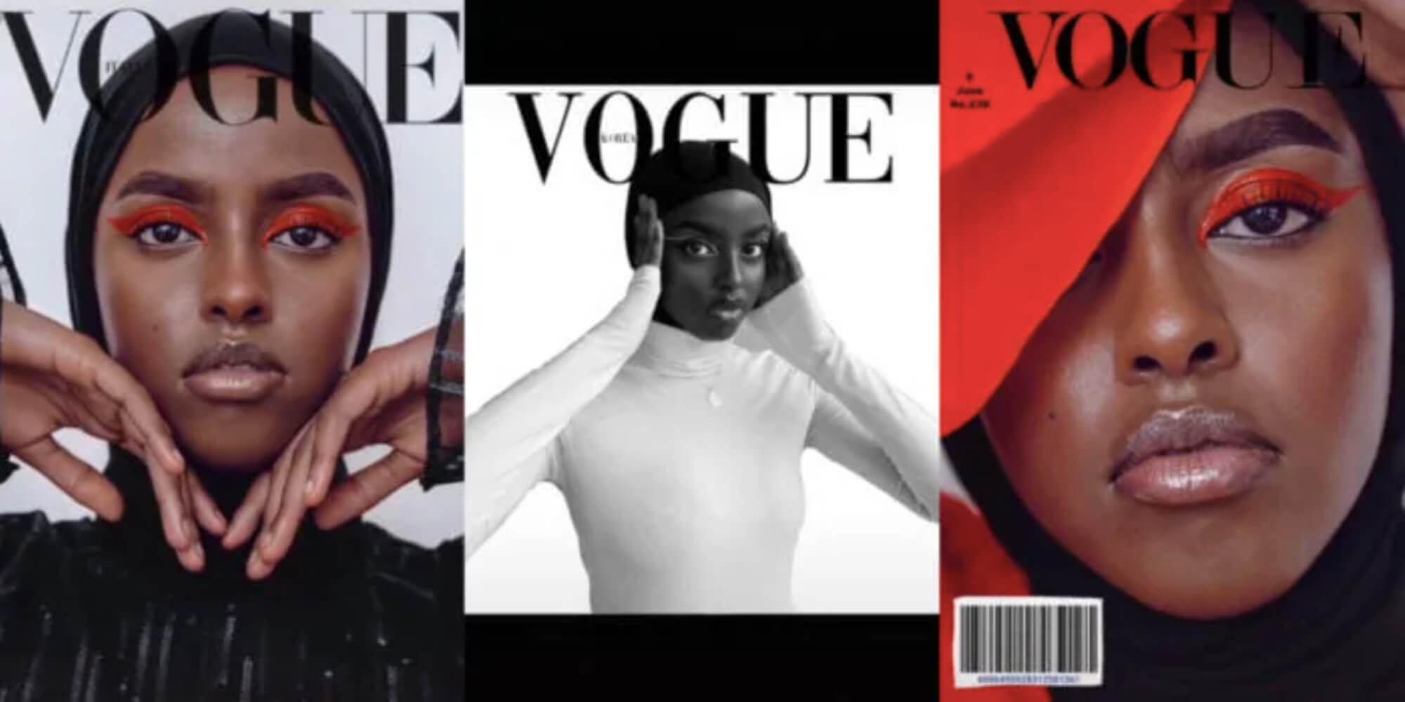 Three screenshots showcase a young Black woman, TikTok user @itssalmanoor, posing like a model. The Vogue logo has been edited onto each picture, in keeping with the "Vogue" challenge.