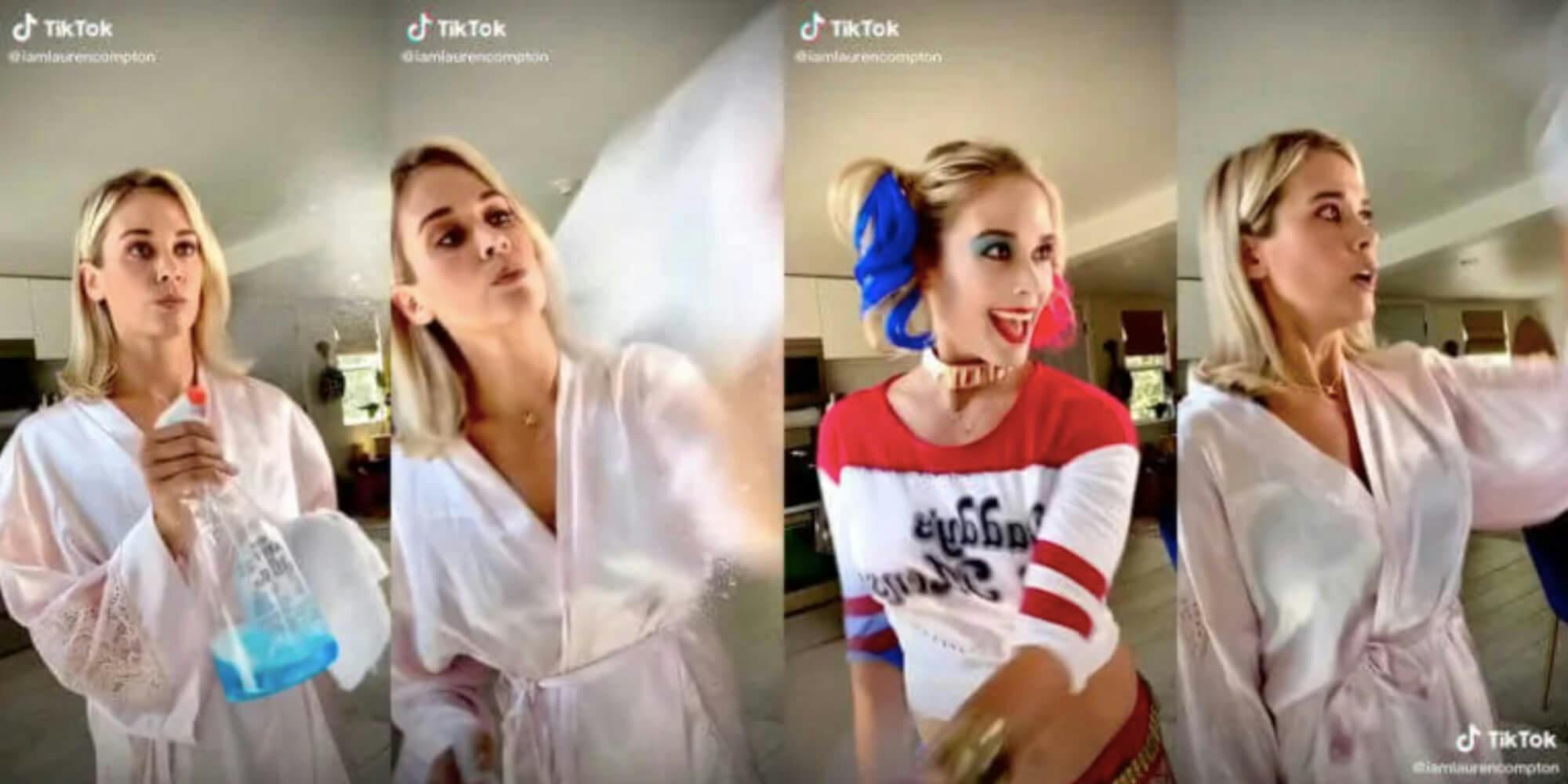 Four screenshots show a blonde-haired white woman wiping down a mirror. In the first two shots, she is wearing a bath robe. In the third, she is dressed like Harley Quinn. She returns to the bathrobe in the fourth shot.