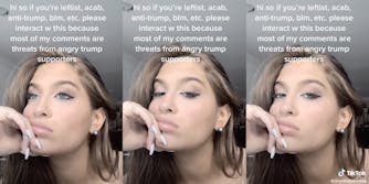 claudia conway with "hi so if you're leftist, acab, anti-trump, blm, etc. please interact w this because most of my comments are threats from angry trump supporters" tiktok