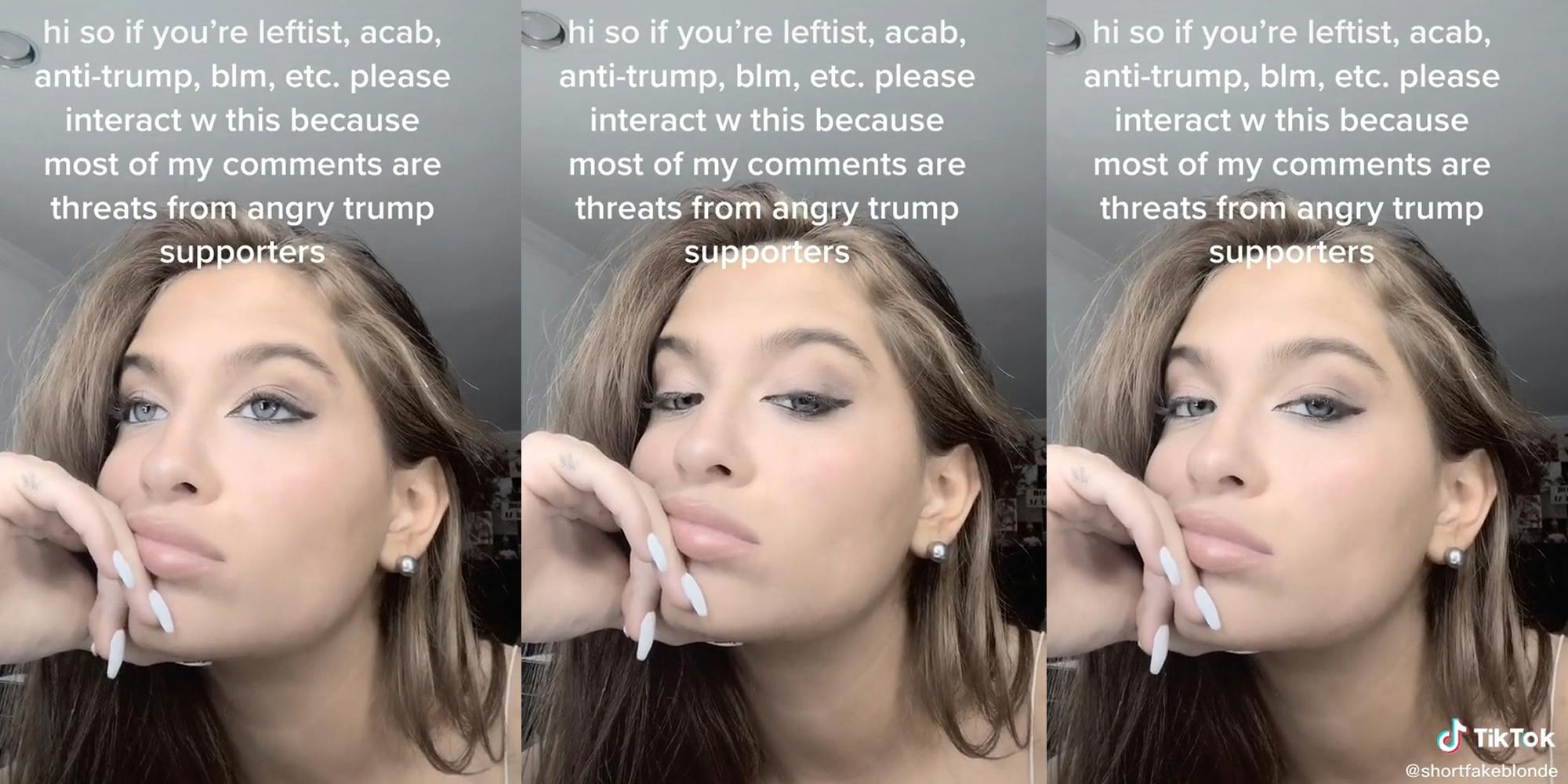 claudia conway with "hi so if you're leftist, acab, anti-trump, blm, etc. please interact w this because most of my comments are threats from angry trump supporters" tiktok