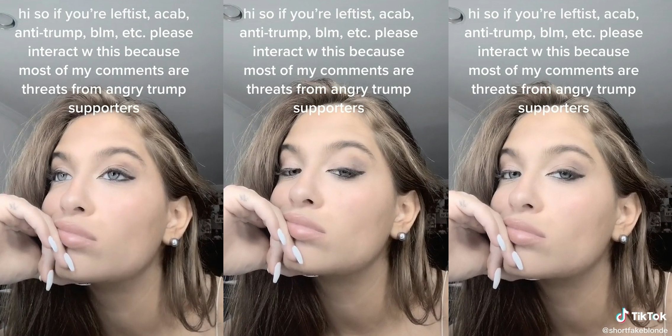 claudia conway with 'hi so if you're leftist, acab, anti-trump, blm, etc. please interact w this because most of my comments are threats from angry trump supporters' tiktok
