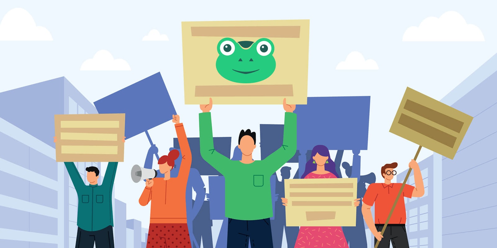 illustration of protesters holding signs with Gab frog