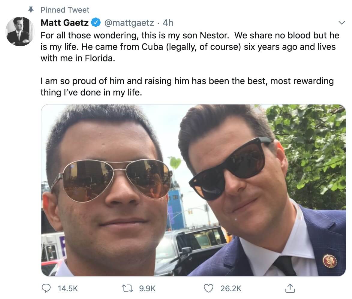 A tweet from Matt Gaetz about his alleged son Nestor