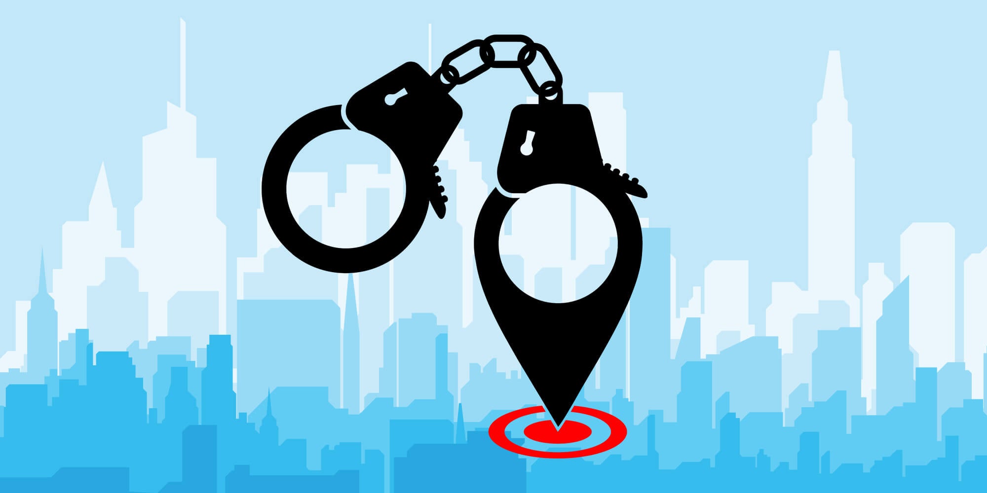 handcuffs made from location data over city background