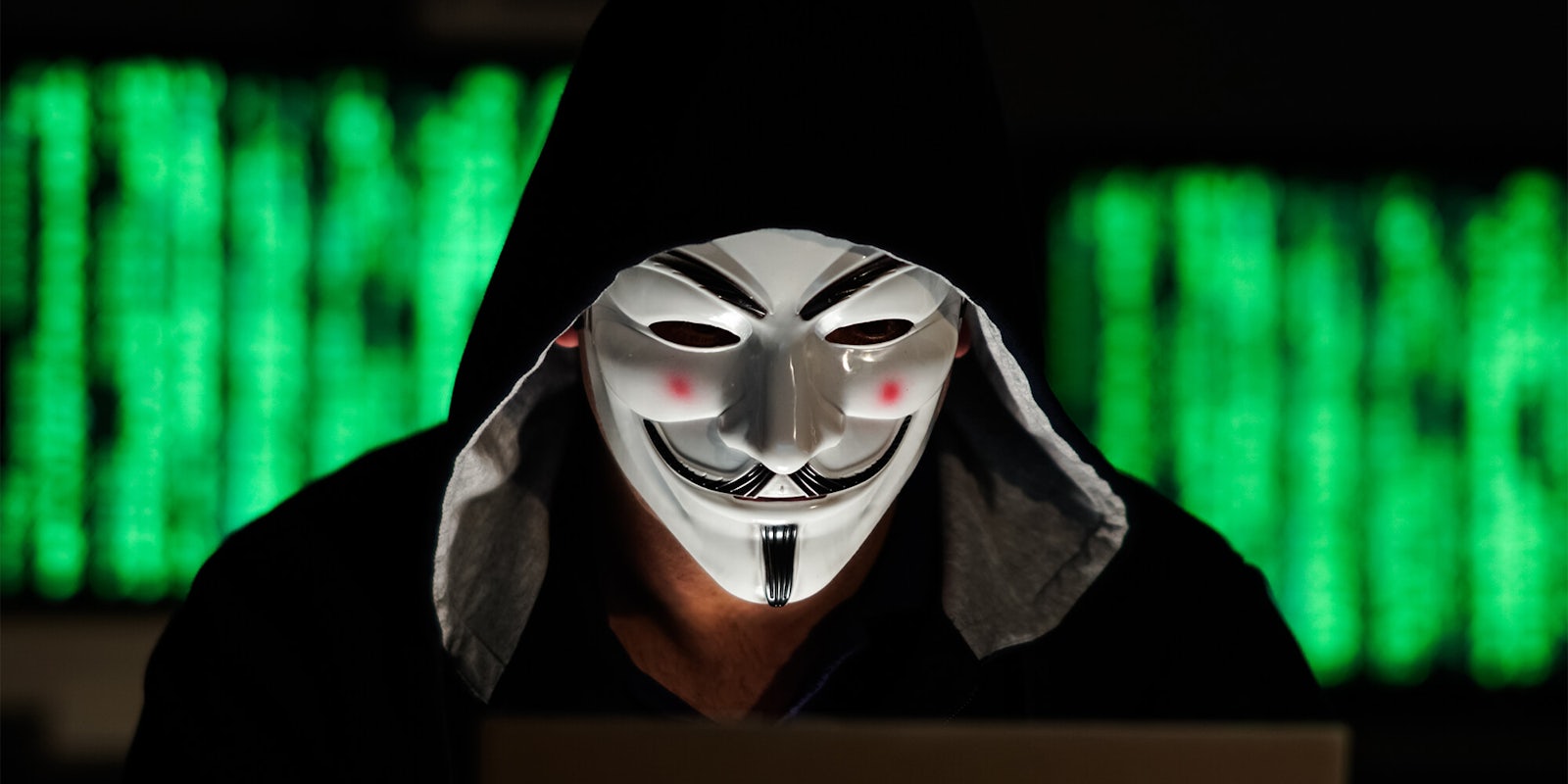 person wearing guy fawkes mask and hoody at computer