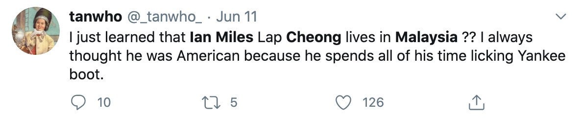 A tweet regarding Ian Miles Cheong