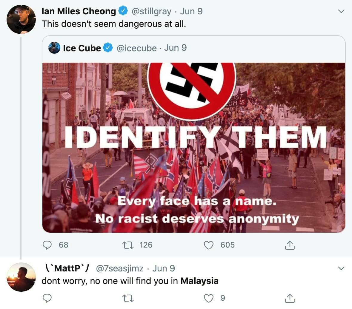 A reply to a political tweet from Ian Miles Cheong saying he won't have to worry about it in Malaysia
