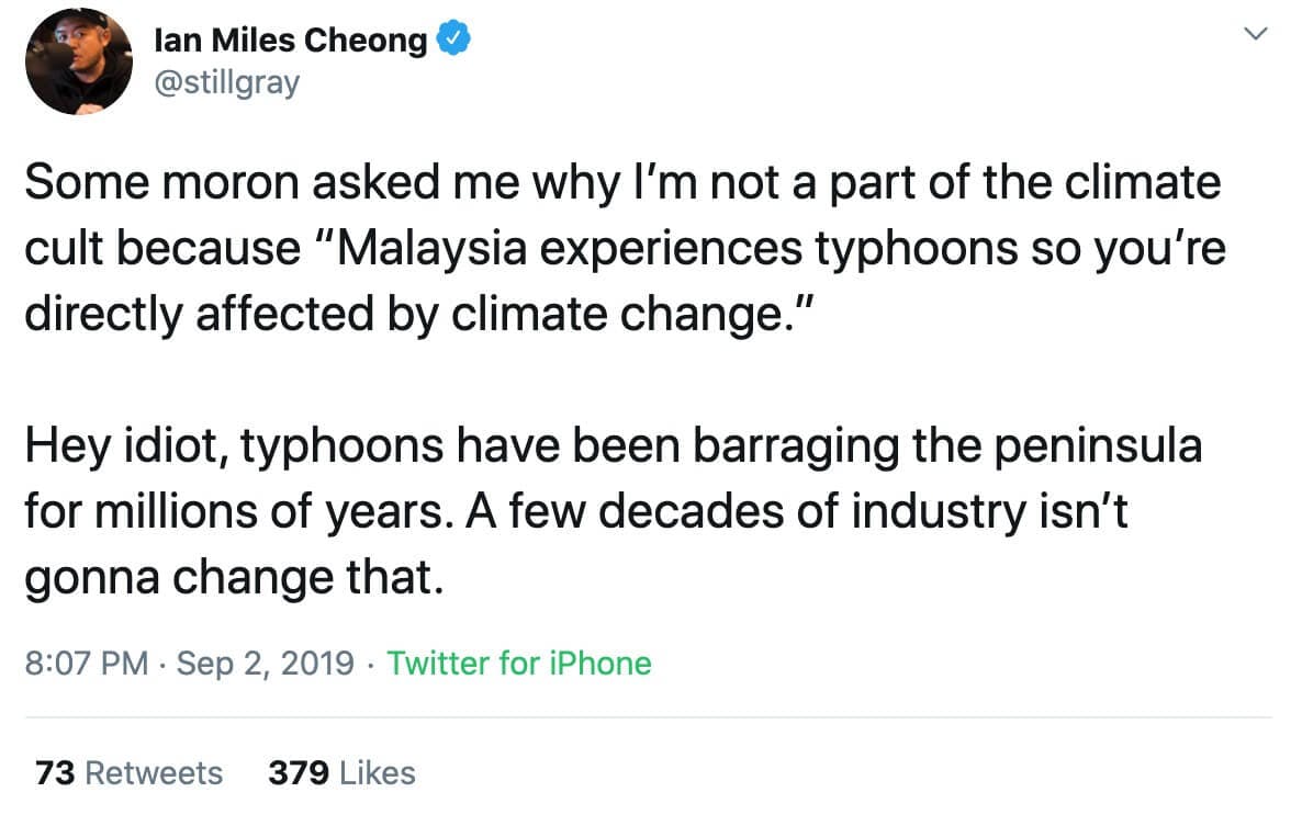 A tweet from Ian Miles Cheong regarding climate change