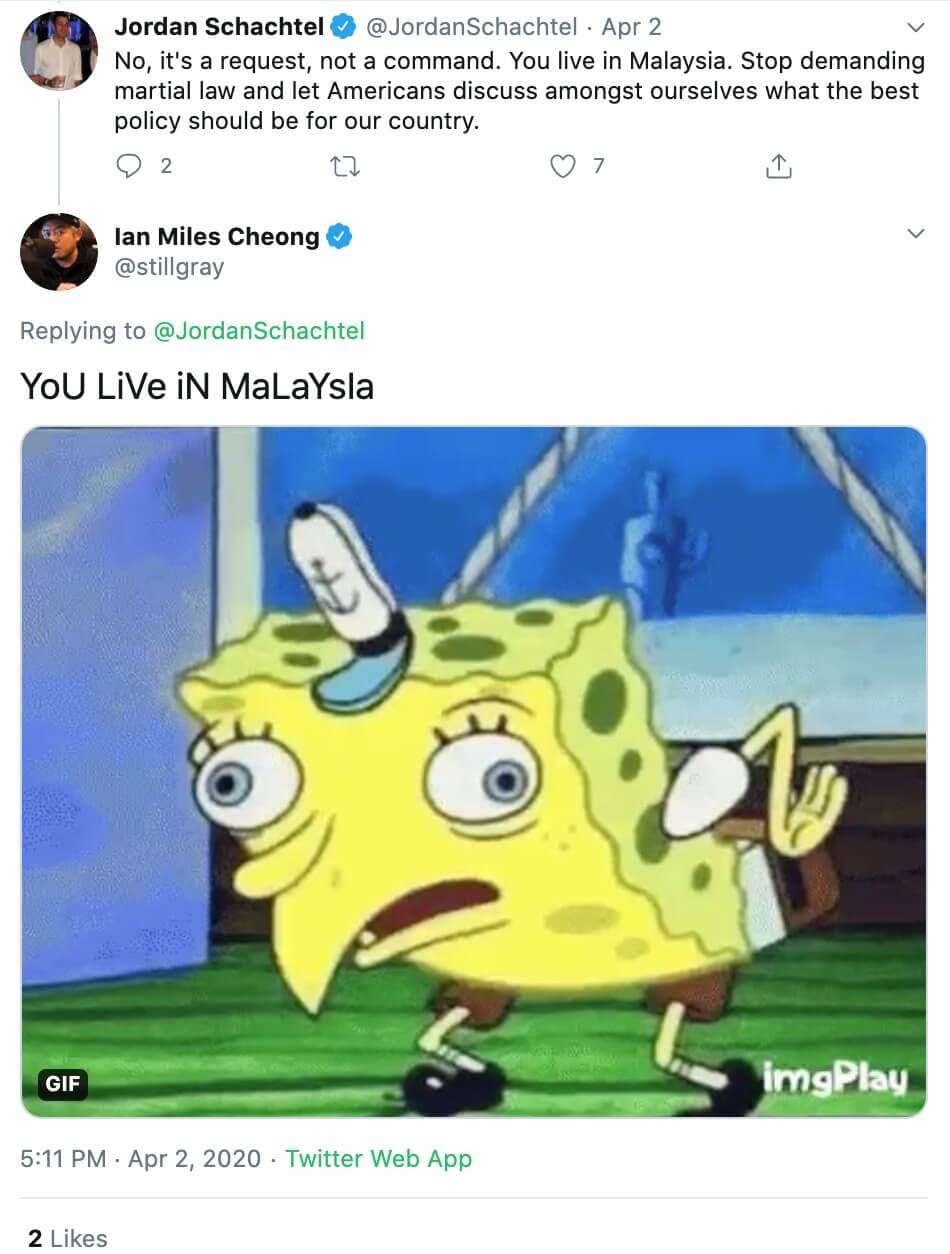 A tweet from Ian Miles Cheong featuring a SpongeBob meme