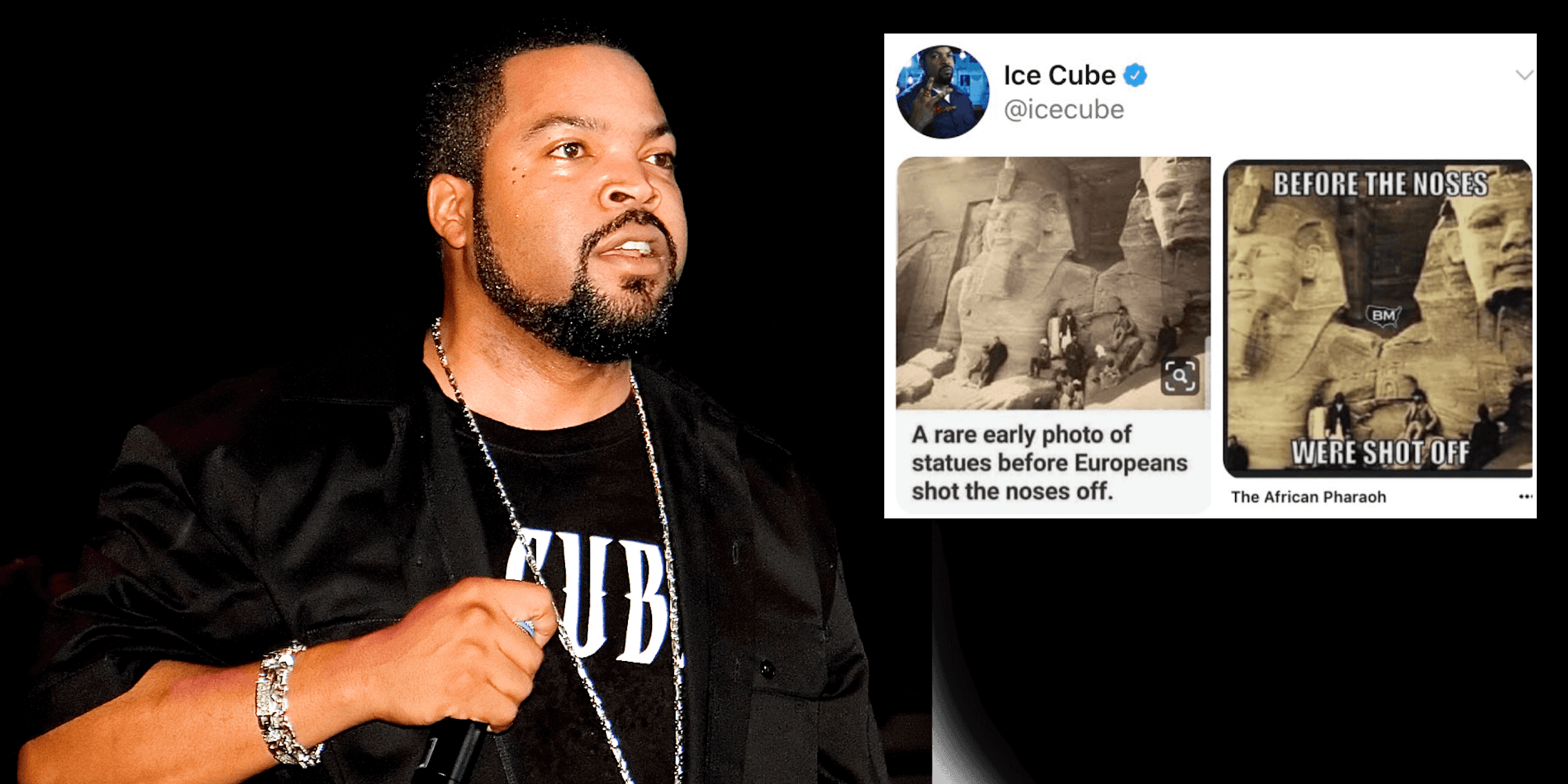 Ice Cube next to a tweet including Russian propaganda