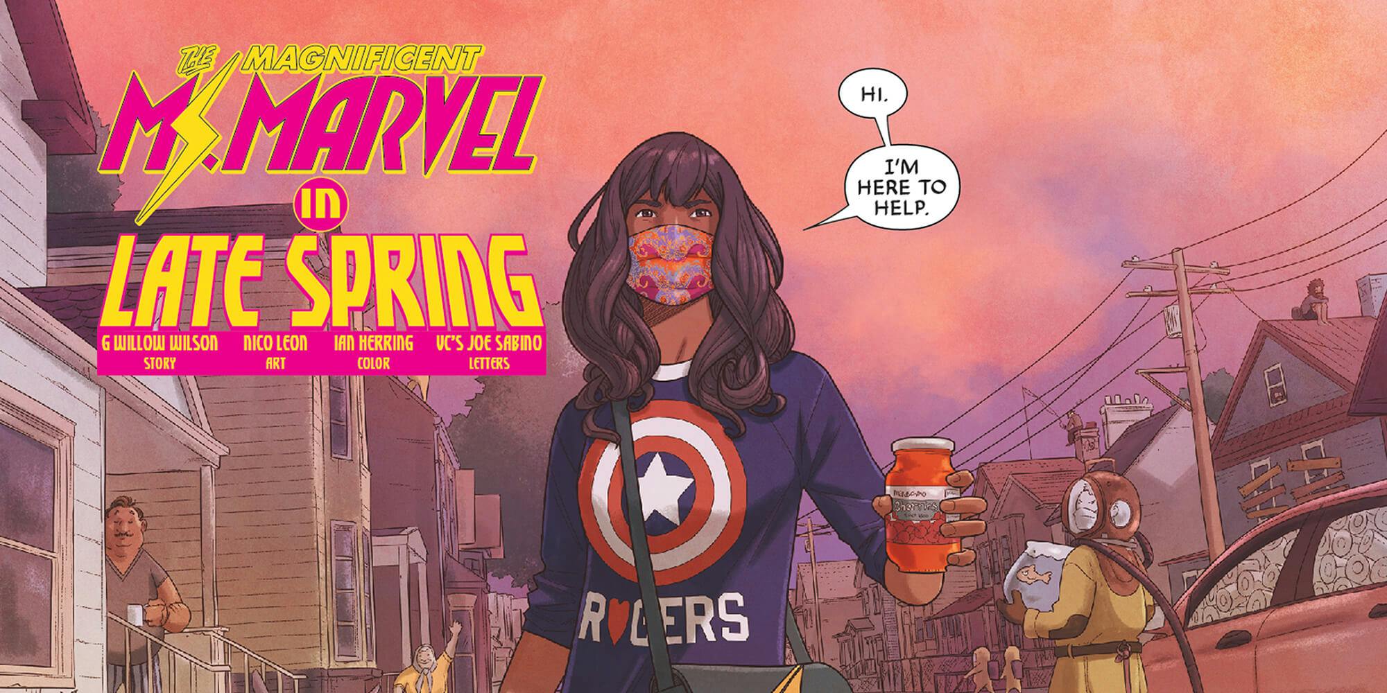 "ms marvel in late spring" ms marvel says "hi. i'm here to help" while holding a jar of cherries