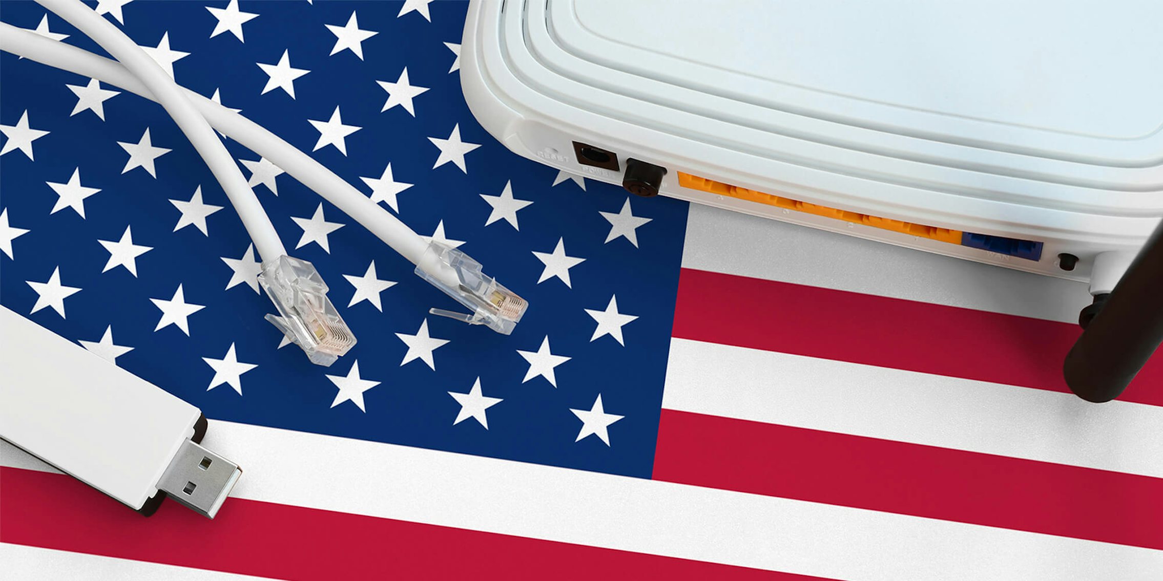 ethernet cables and router on united states flag