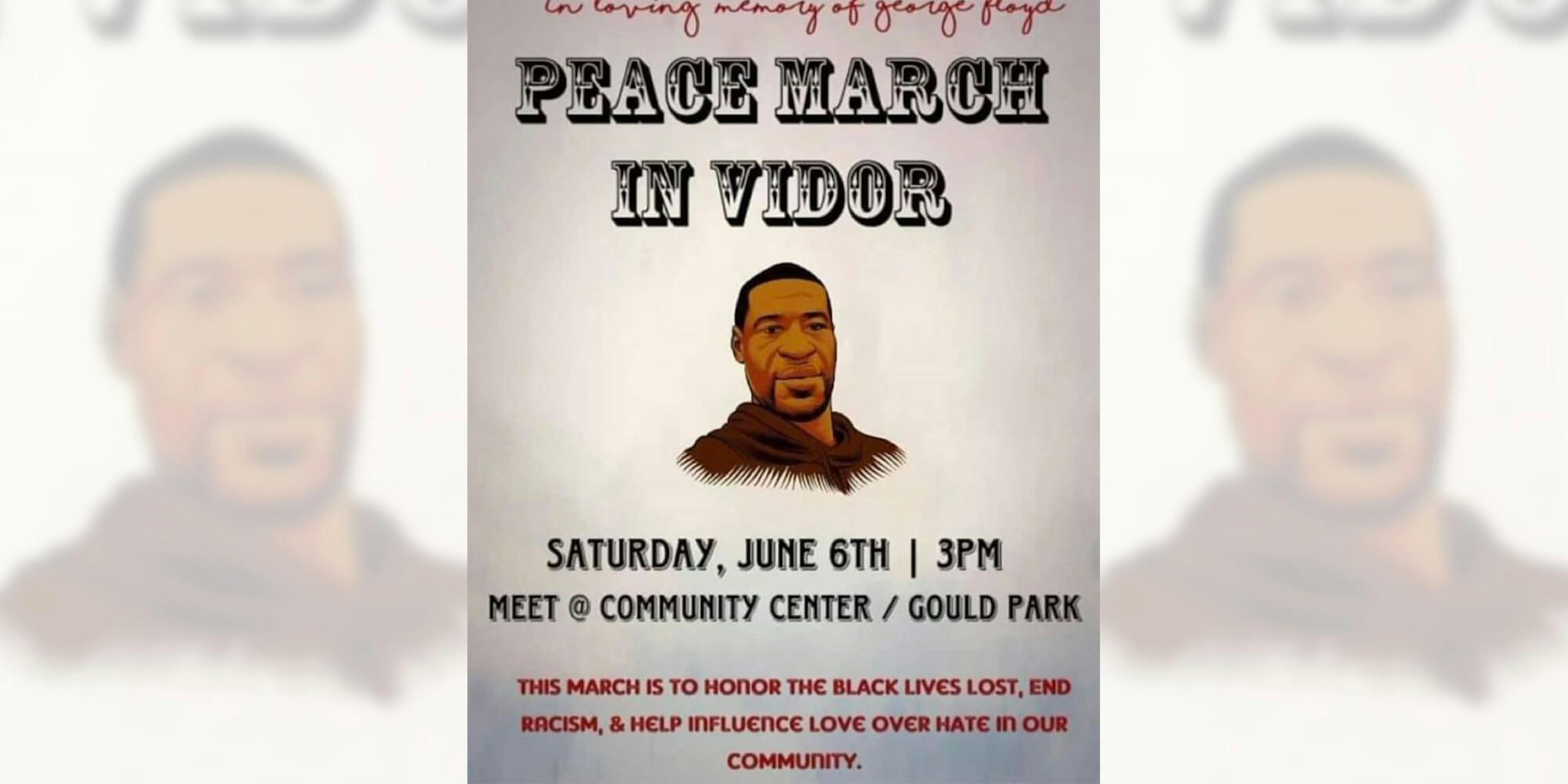 peace march in vidor poster with illustration of george floyd