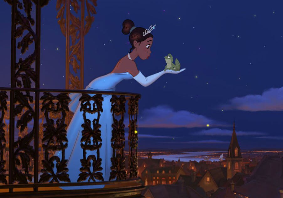 princess tiana holding the frog on her balcony
