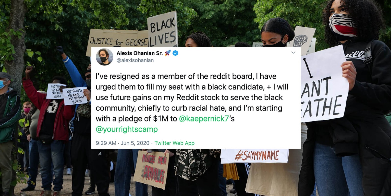 A tweet from a Reddit co-founder Alexis Ohanian over protesters