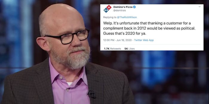 Rick Wilson next to a tweet from Domino's Pizza