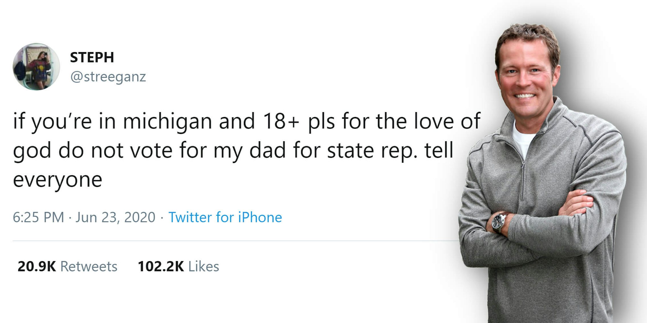 robert regan with tweet from daughter 'if you're in michigan and 18+ pls for the love of god do not vote for my dad for state rep. tell everyone'