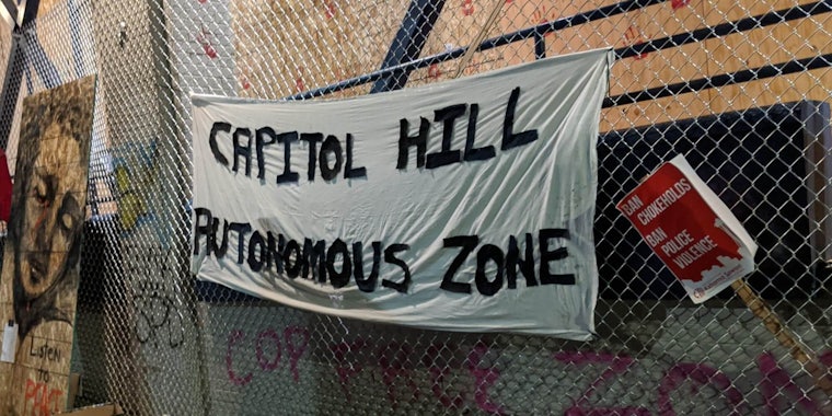 A banner for the Capitol Hill Autonomous Zone in Seattle