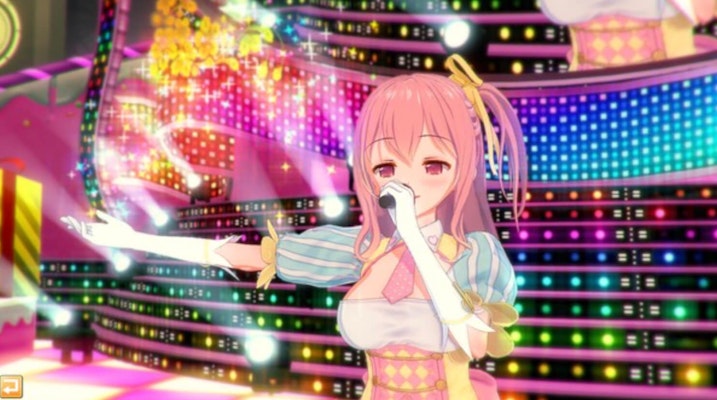 still from koikatsu party showing a pink-haired girl doing karaoke