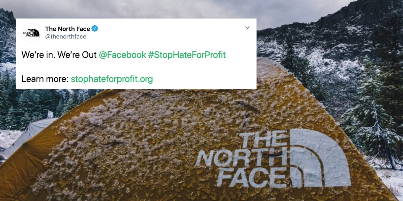 A tent from The North Face next to a tweet from the company