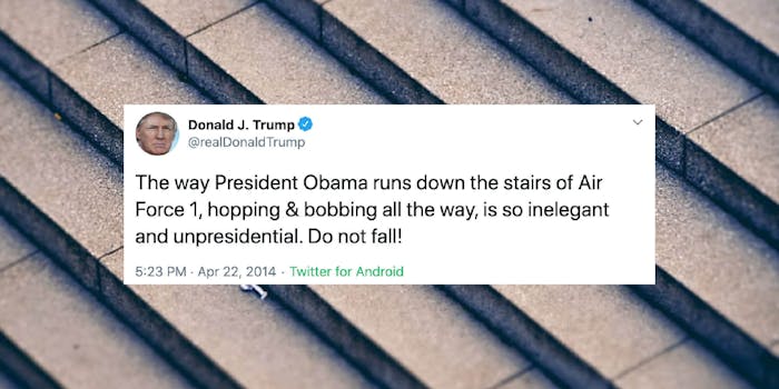 A tweet from Donald Trump over a set of stairs