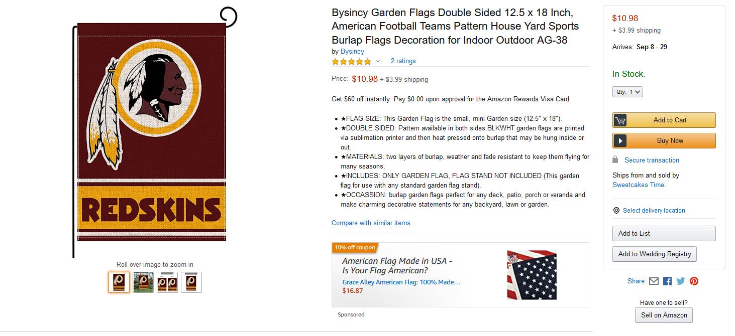 Amazon Washington Redskins Lawn Flag