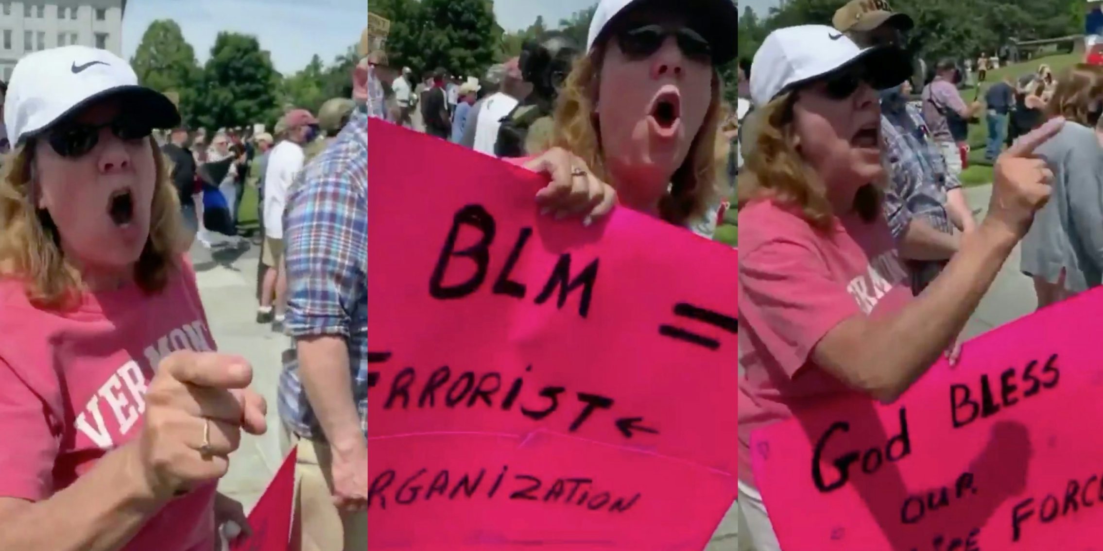 Screenshots show the woman who screamed 'Black lives don't matter' holding placards equating BLM to terrorism and expressing police support