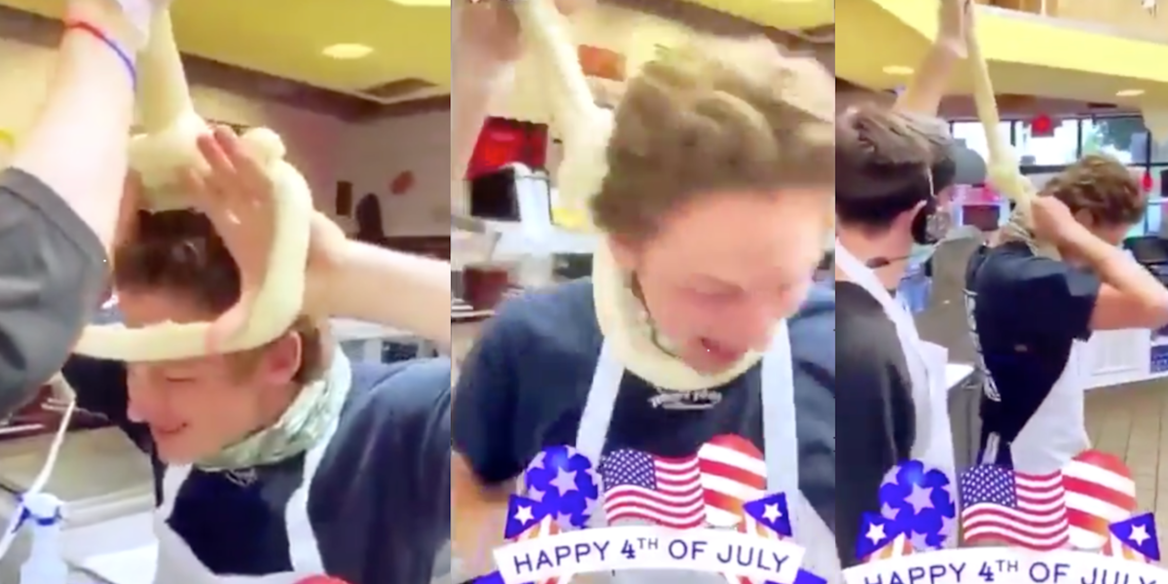 Screenshots show employees playing with a noose made of dough