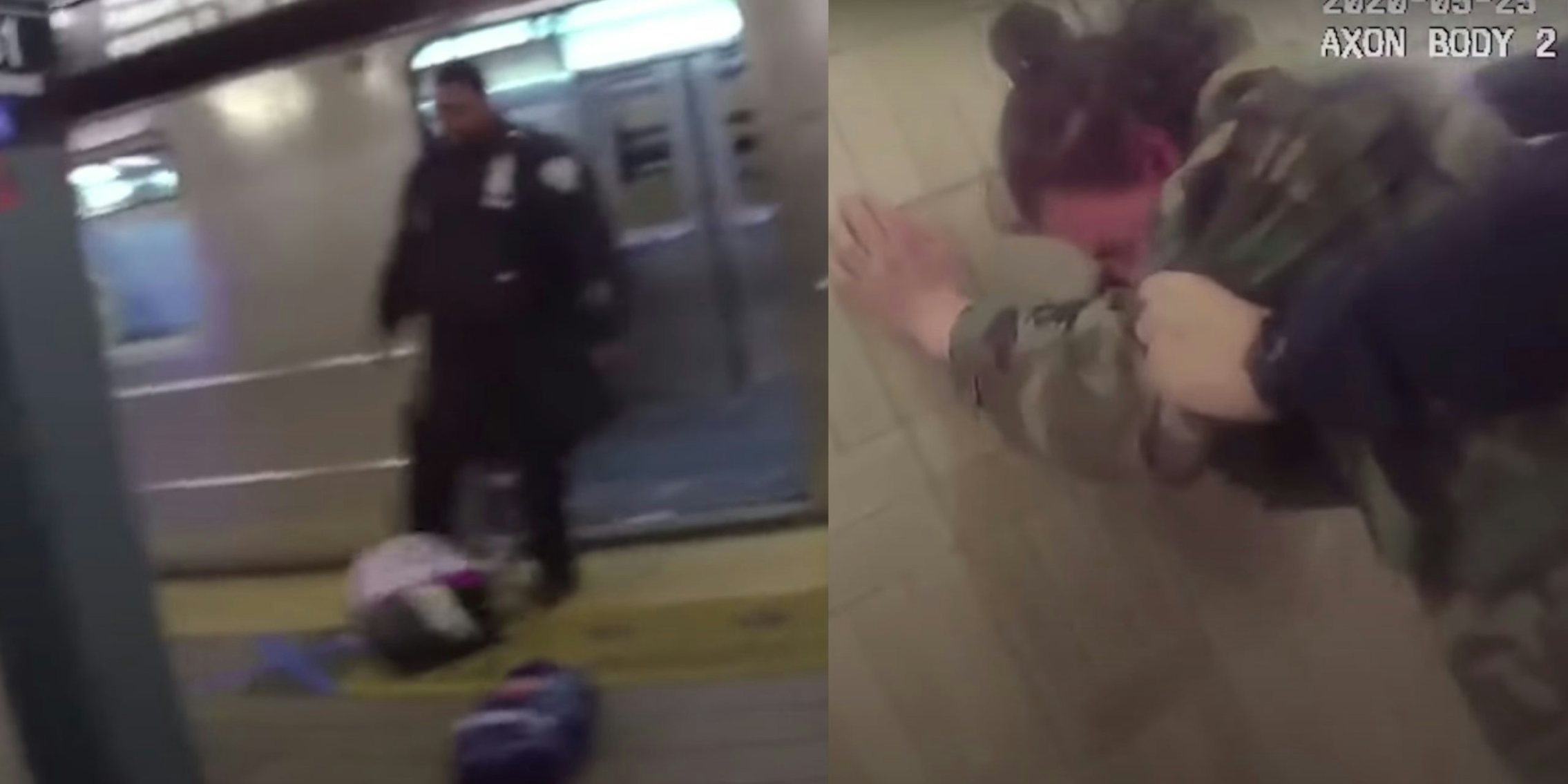 screenshots show a NYPD officer kicking the homeless man's belongings and a cop pushing him against the wall