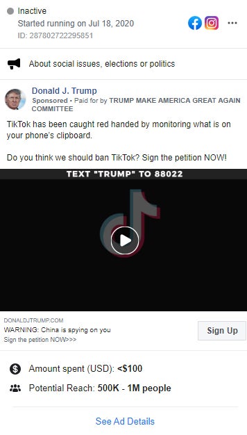 Donald Trump TikTok Ad Facebook