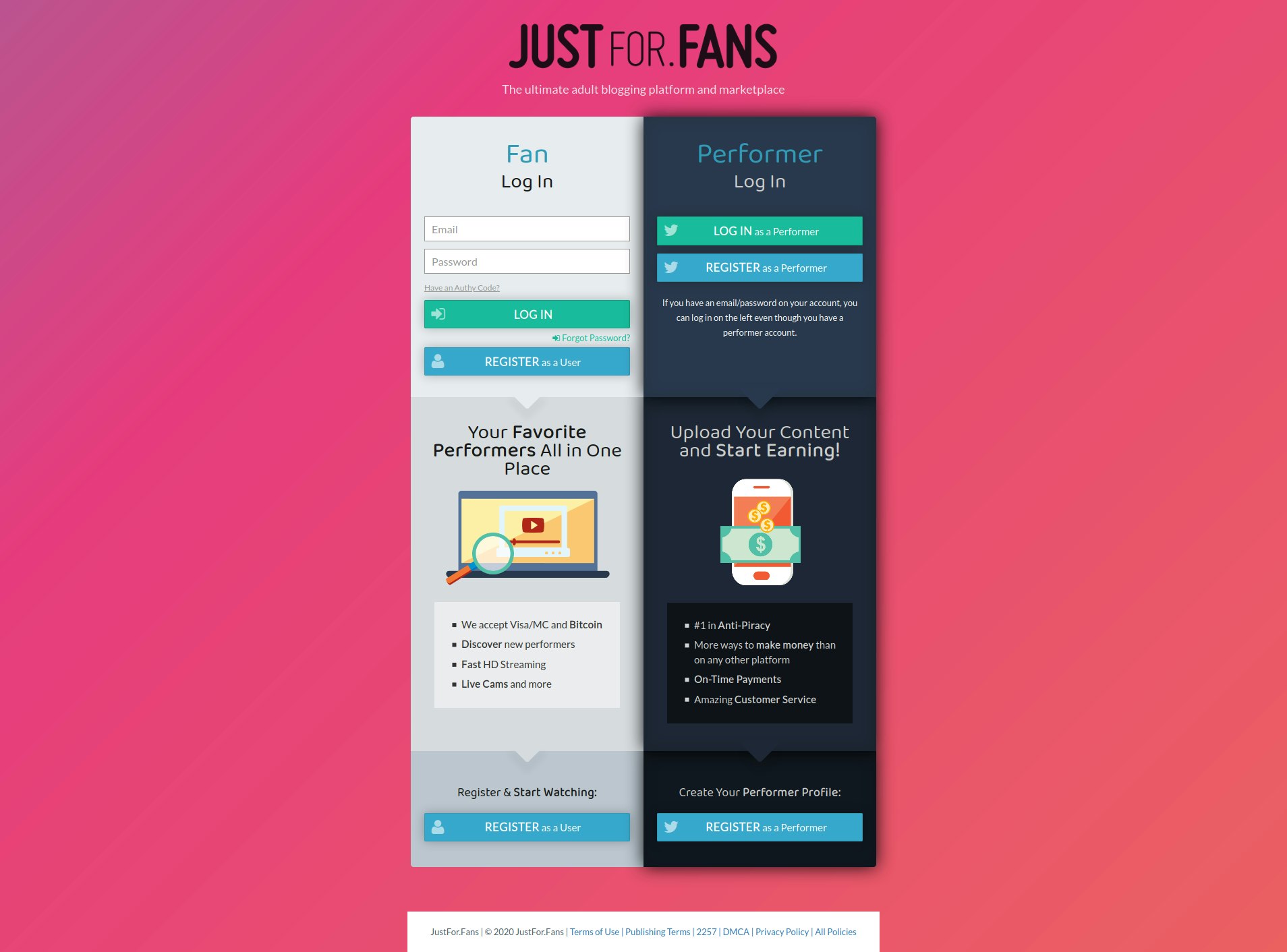 Image showing the two different  justfor.fans login pages, one for fans and one for performers