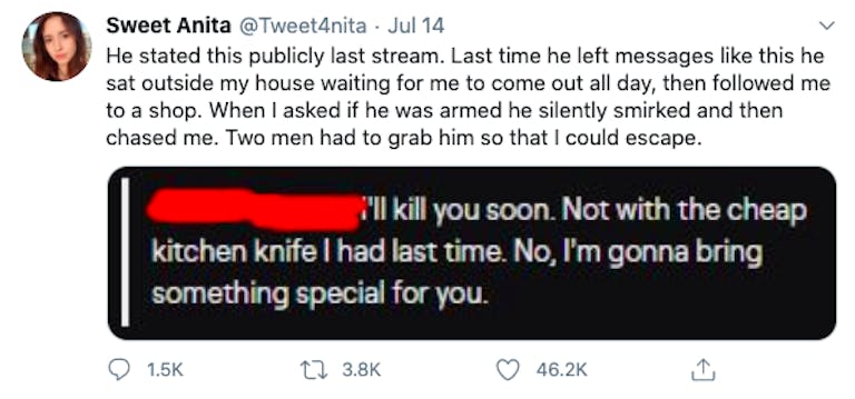 Sweet Anita tweet saying, "I’ll kill you soon. Not with the  cheap kitchen knife I had last time.” 