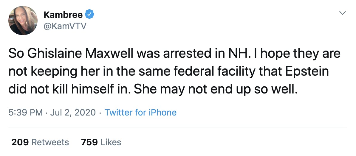 So Ghislaine Maxwell was arrested in NH. I hope they are not keeping her in the same federal facility that Epstein did not kill himself in. She may not end up so well.