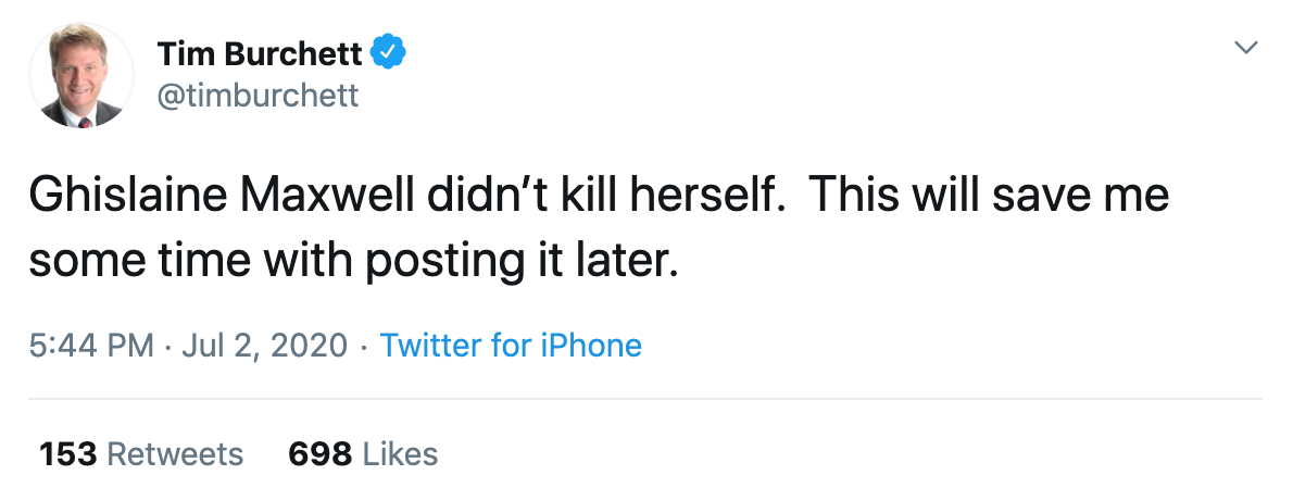Ghislaine Maxwell didn’t kill herself. This will save me some time with posting it later.