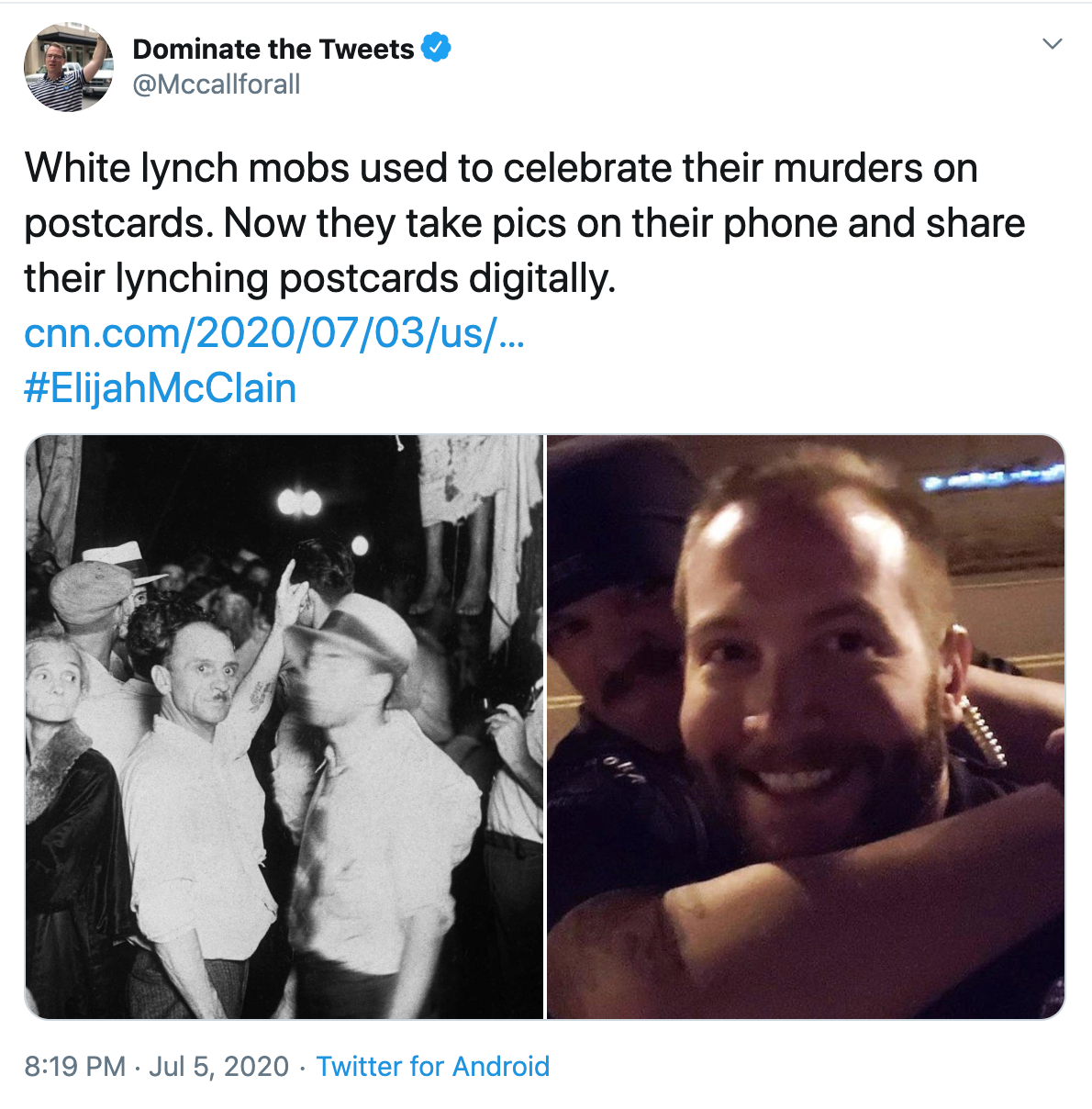 "White lynch mobs used to celebrate their murders on postcards. Now they take pics on their phone and share their lynching postcards digitally." picture of lynching crowd next to the police selfies