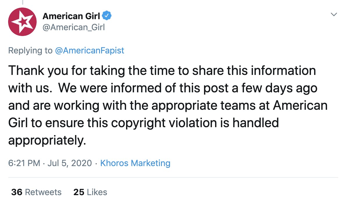 Thank you for taking the time to share this information with us.  We were informed of this post a few days ago and are working with the appropriate teams at American Girl to ensure this copyright violation is handled appropriately.