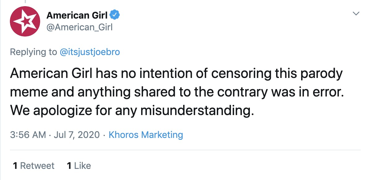 American Girl has no intention of censoring this parody meme and anything shared to the contrary was in error. We apologize for any misunderstanding.