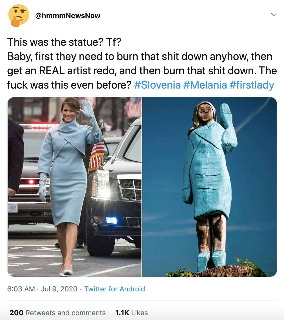 "This was the statue? Tf? Baby, first they need to burn that shit down anyhow, then get an REAL artist redo, and then burn that shit down. The fuck was this even before? #Slovenia #Melania #firstlady" image of Melania next to the statue