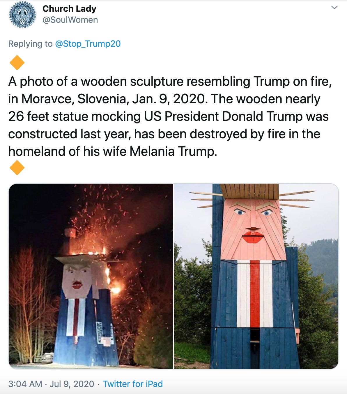 "A photo of a wooden sculpture resembling Trump on fire, in Moravce, Slovenia, Jan. 9, 2020. The wooden nearly 26 feet statue mocking US President Donald Trump was constructed last year, has been destroyed by fire in the homeland of his wife Melania Trump." over image of blocky wooden Trump sculpture and a second image of it on fire