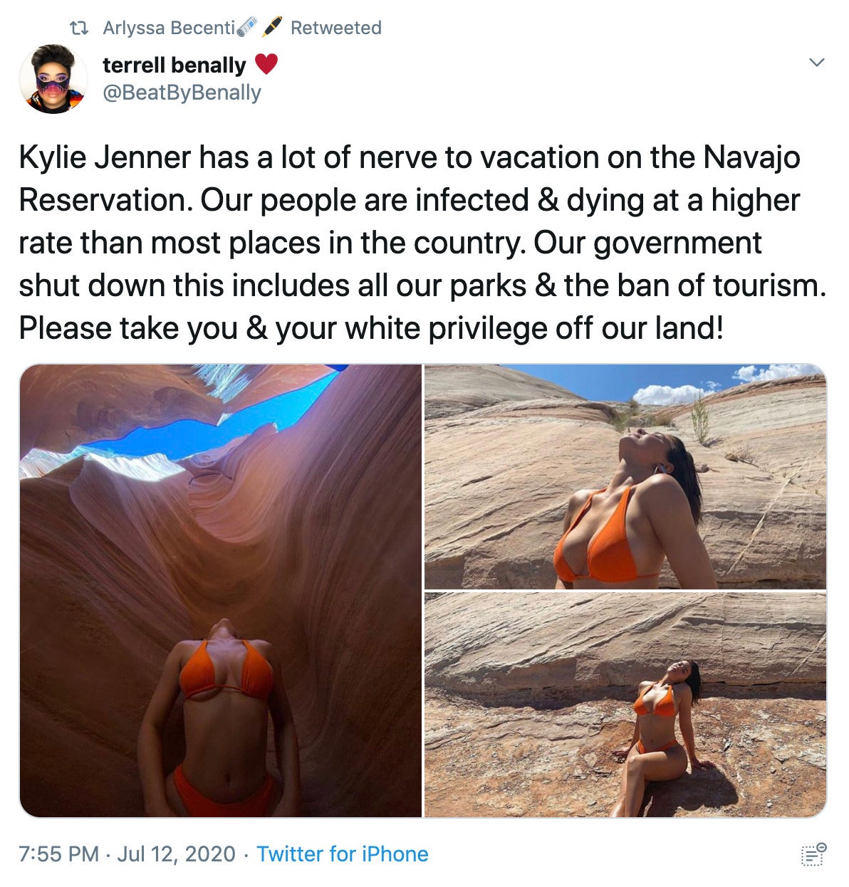 Kylie Jenner has a lot of nerve to vacation on the Navajo Reservation. Our people are infected & dying at a higher rate than most places in the country. Our government shut down this includes all our parks & the ban of tourism. Please take you & your white privilege off our land!